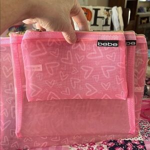 NEW Bebe Pink Heart Pattern TRAVEL Pouch Set